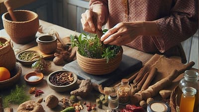 Pengolahan rempah-rempah dan tumbuhan herbal untuk jamu.